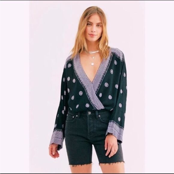 FREE PEOPLE | INTIMATELY On Board Black Paisley Bell Sleeve Bodysuit Women’s S - Picture 15 of 15